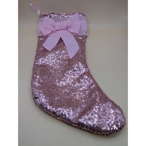 Christmas Stocking Sequined Shiny Sparkle Stocking Pink With Lace Trim And Bow